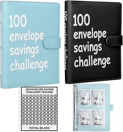 2PCS 100 Envelopes Money Saving Challenge, Envelopes Challenge Binder, Achieving Financial Goals with a Budget Binder and Cash Envelopes, Successfully Reach Your Savings Goals of $5,050 (Blue+Black)
