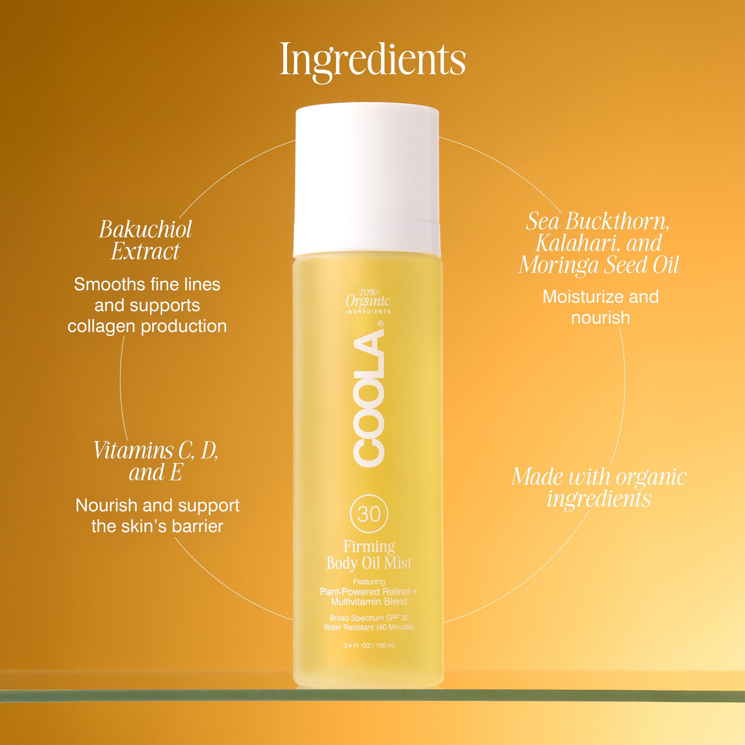 COOLA Firming Body Oil Mist SPF 30, Organic Lightweight Hydrating Sunscreen Mist with Bakuchiol, Vitamins C, D, E, Sea Buckthorn & Moringa Oils, Firms & Smooths Skin, 3.4 Oz