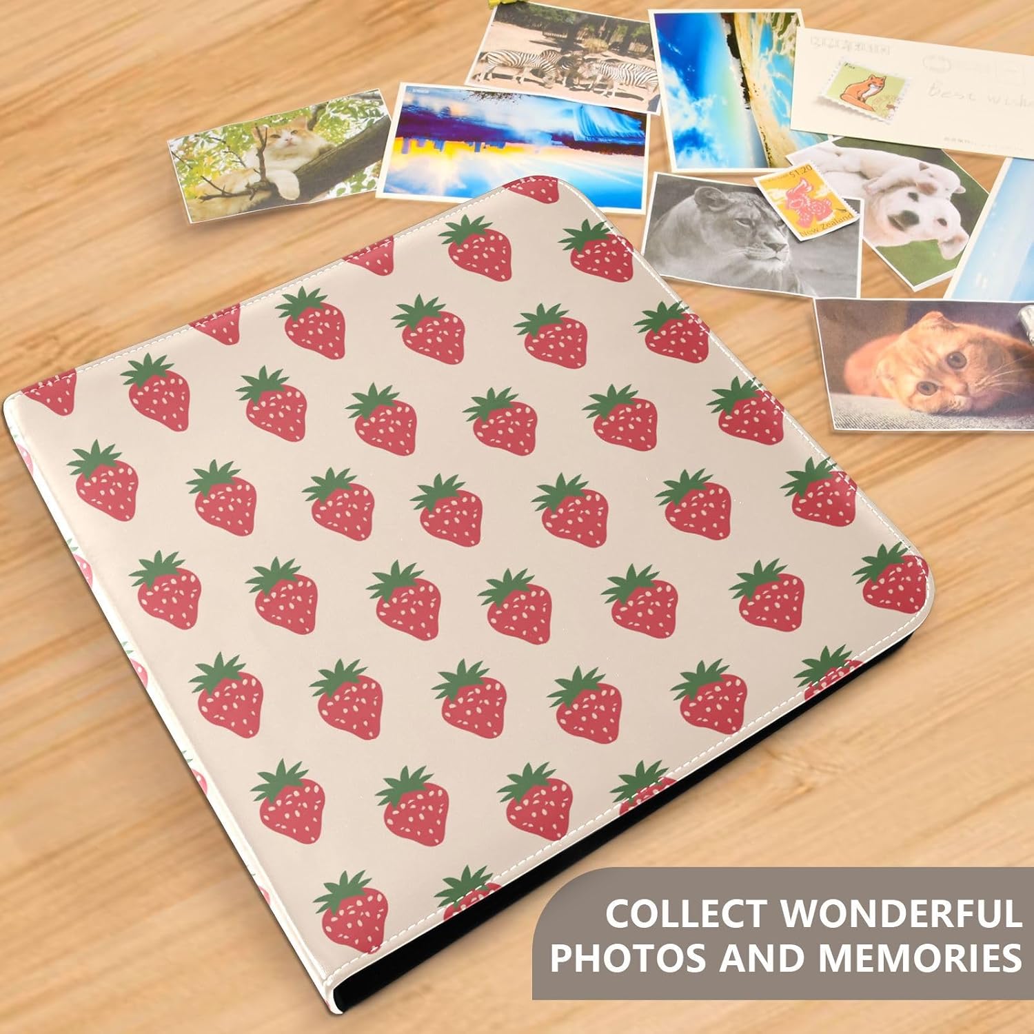 JIPONI Little Strawberrys Large Photo Album, DIY Leather Cover Scrapbook Albums for 4x6 5x7 6x8 Pictures, Self Adhesive Memory Book for Wedding, Baby, Family