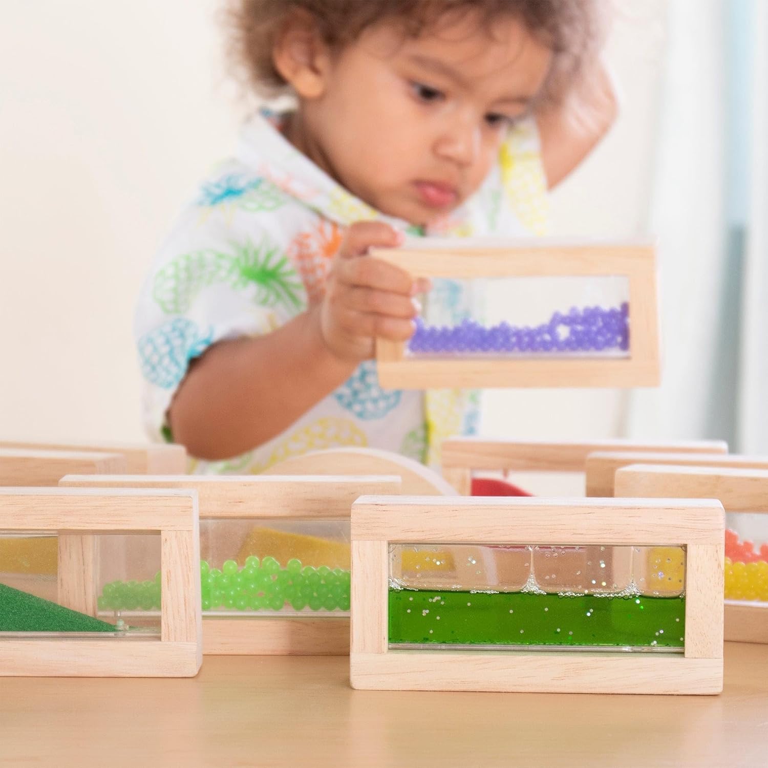Guidecraft Sensory Rainbow Blocks - 18 pc. Set: 6 Shimmering Water, 6 Sand and 6 Crystal Bead Blocks, Construction Building Toy Set for Kids - Stacking Blocks