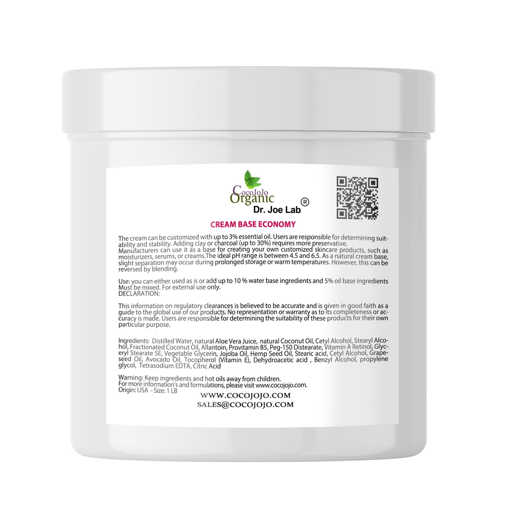 CREAM BASE ECONOMY - RICH BASE CREAM FOR COSMETICS, MADE WITH VITAMINS AND COSMETIC GRADE OILS, 100% VEGAN, GENTLE AND HYDRATING - 1 LB