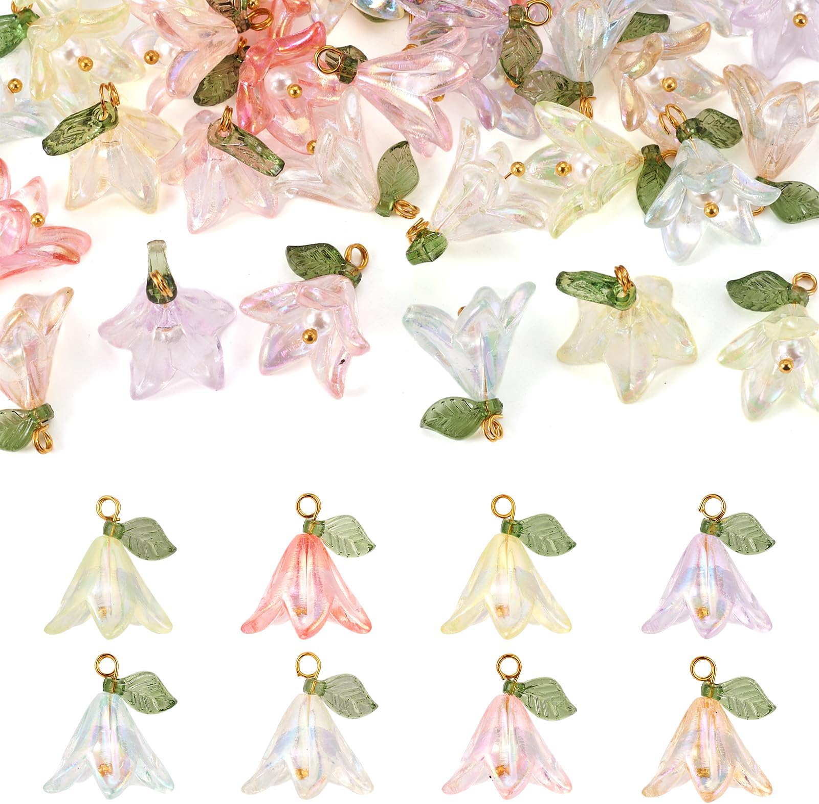 Cheriswelry 32Pcs Acrylic Flower Pendants Lily Floral Plastic Dangle Charms with Pearl Beads 20mm 8 Colors for DIY Crafts Necklace Earring Jewelry Making Decoration