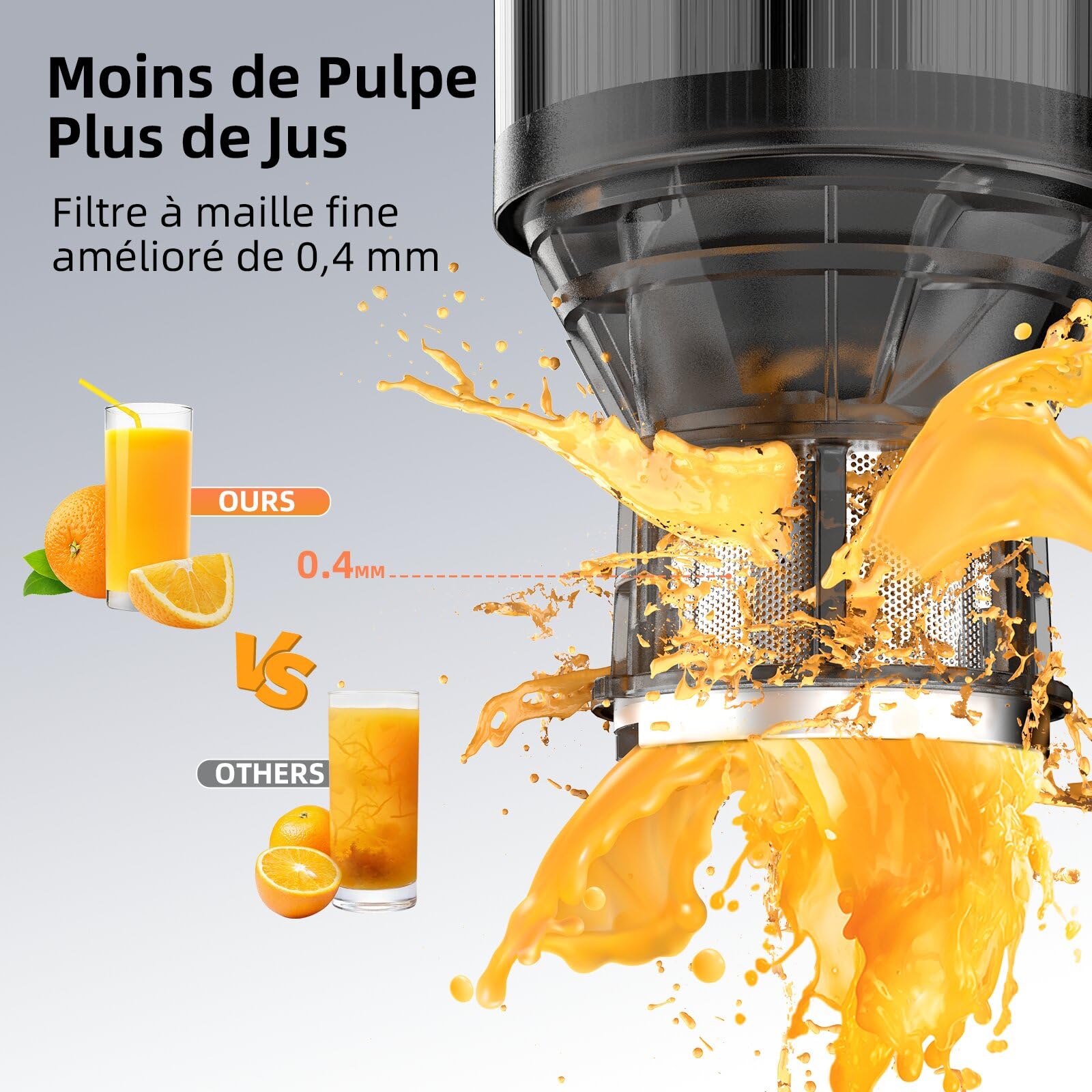 FIMEI Extracteur de Jus, Slow Juicer Grande Ouverture 135mm, Sans BPA, Base Inox, 2 Verres