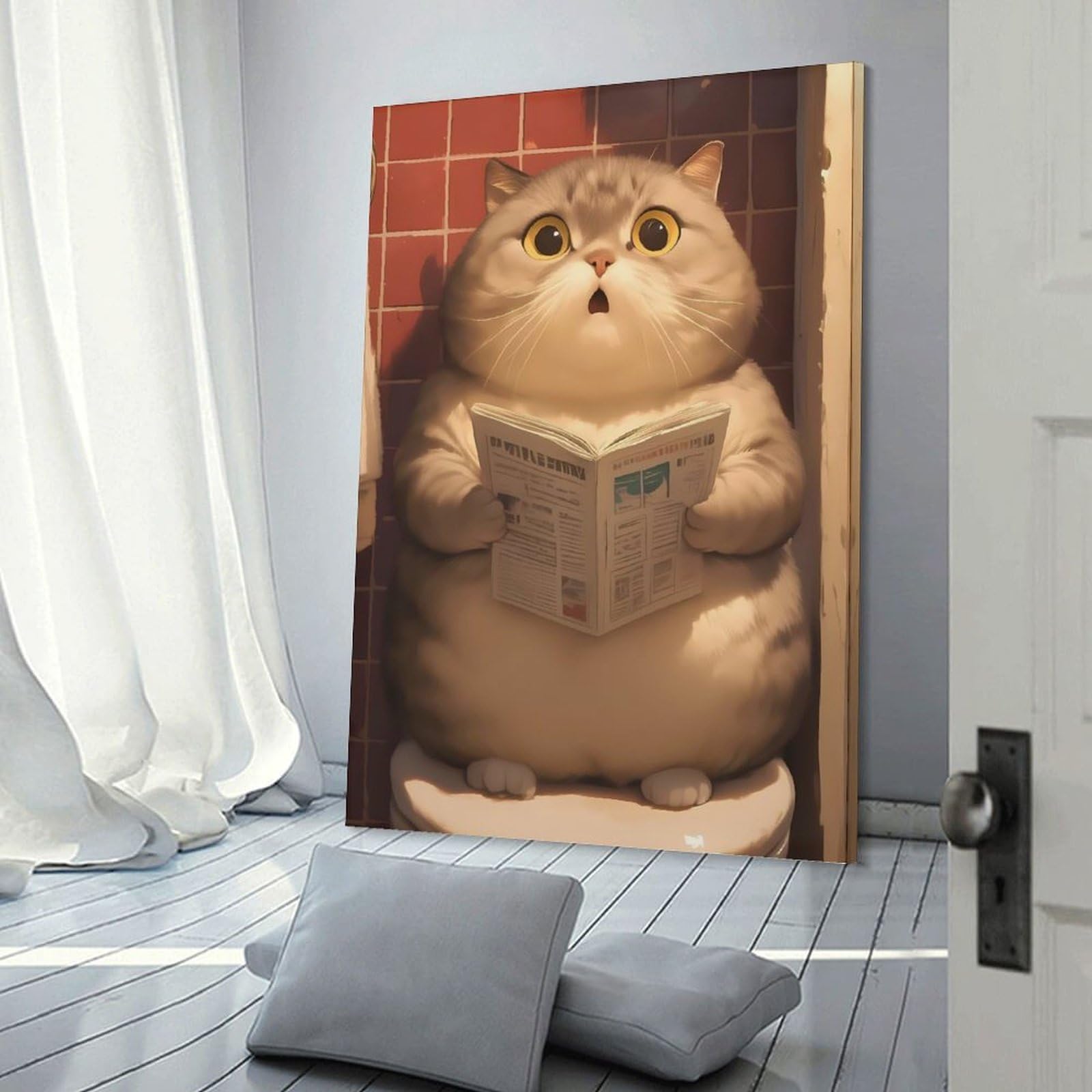 Junmoney Chubby Cat on Toilet 2 Home Decor Wall Art 12x18inch(30x45cm), for Office, Study Or Home Workspace, Home Office Artwork with Decorative Appeal