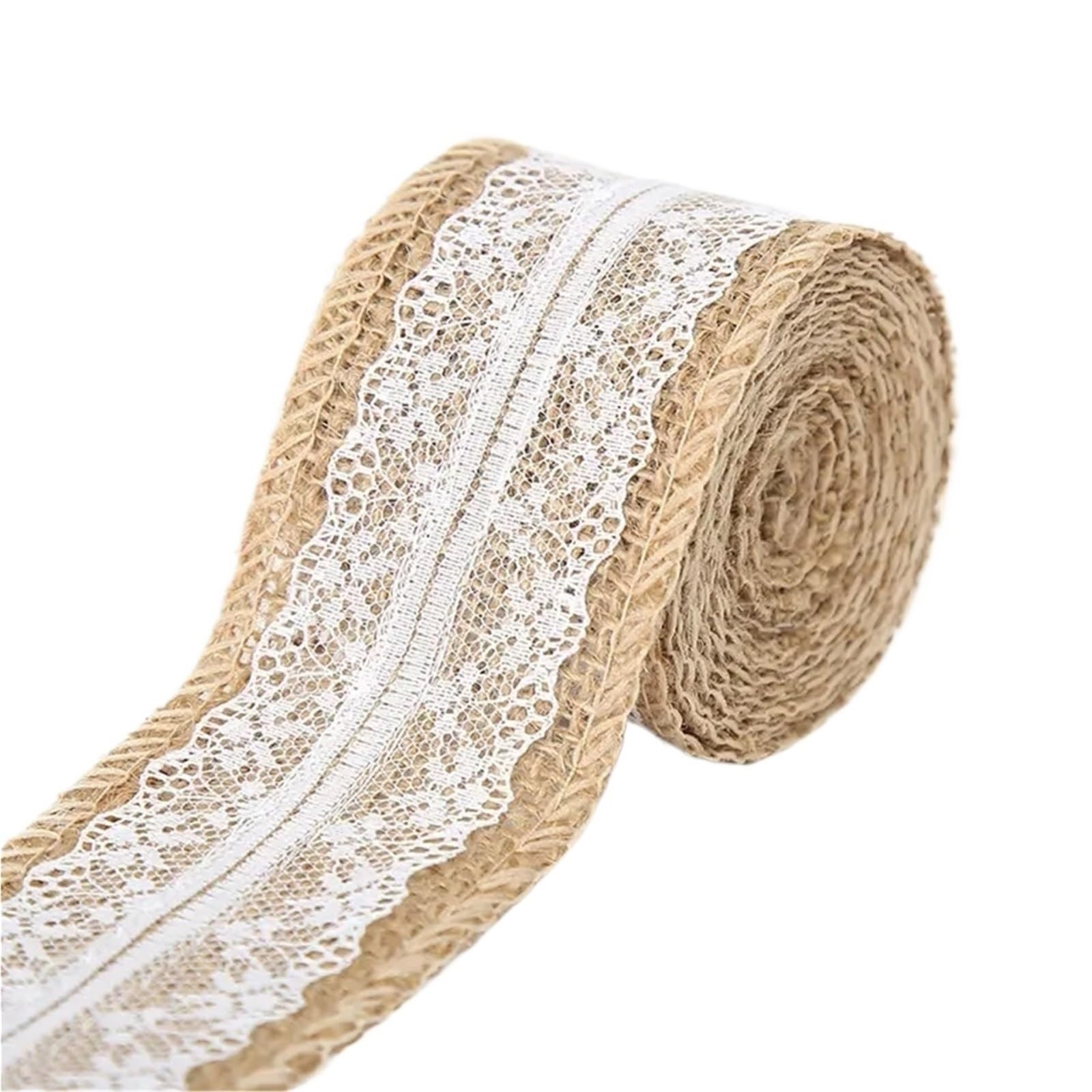 Burlap Fabric Roll 2M 5CM Natural Jute Burlap Rolls Hessian Ribbon with Lace Vintage Rustic Wedding Decor Ornament Party DIY Craft Supplies(Type6)