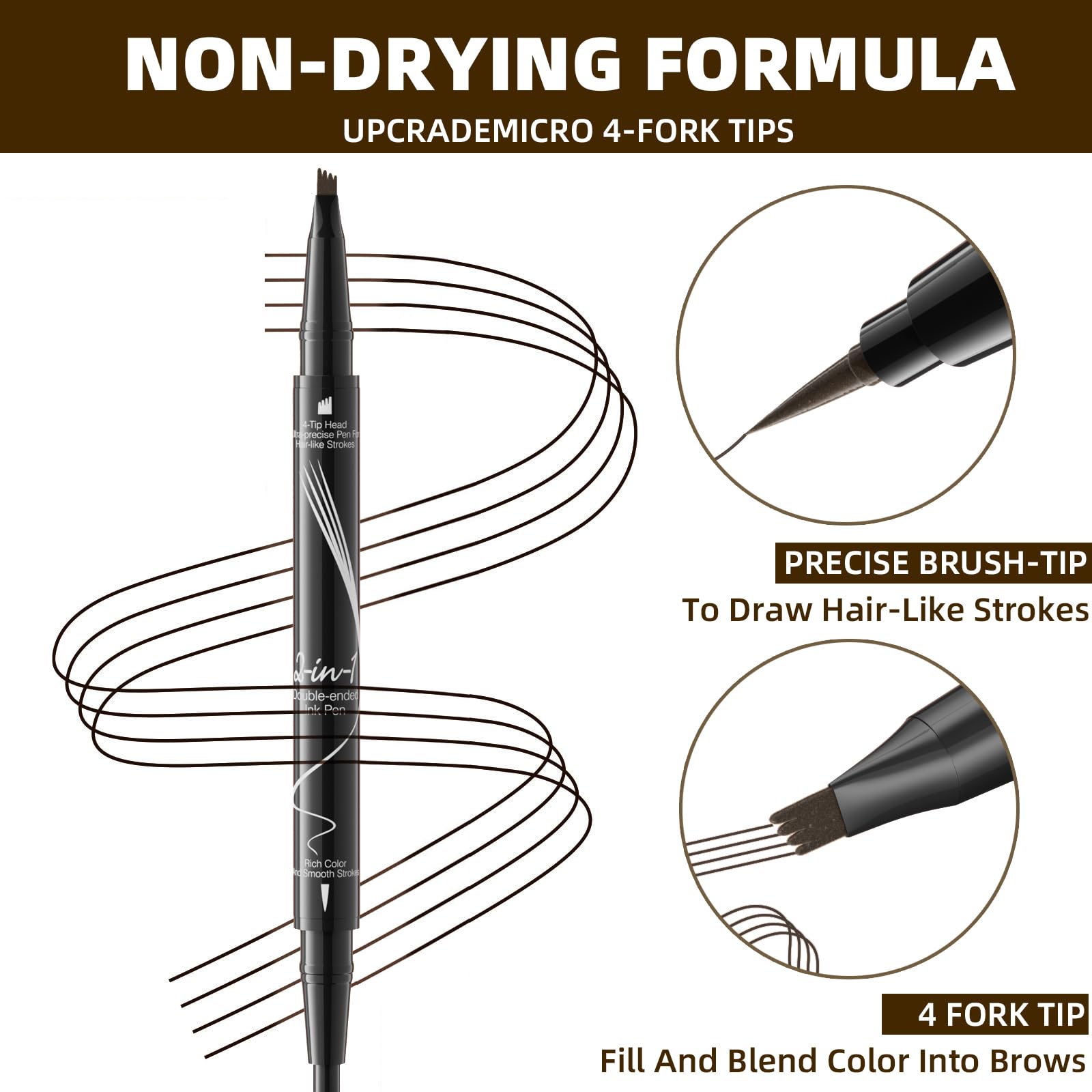 Matita per sopracciglia impermeabile, matita per sopracciglia microblading 2 in 1 a doppia estremità, lunga durata, anti-sbavature Penna per sopracciglia liquida ad asciugatura rapida (Marrone scuro)