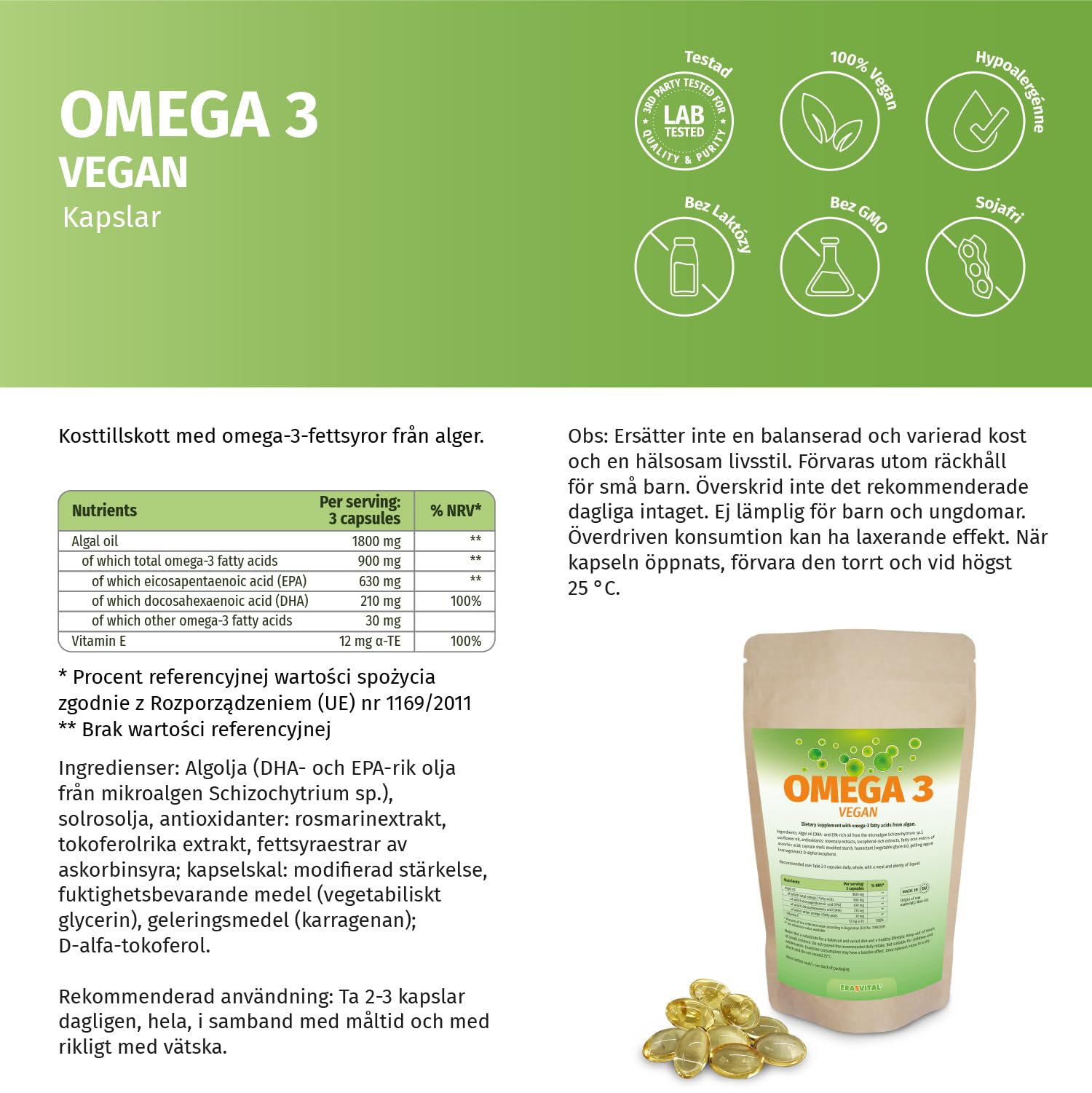 Omega 3 aus reines Algenöl Softgel Kapseln hochdosierte Fettsäuren 630 EPA und 210 DHA + Vitamin E pro Tagesdosis, Vegan (1080 stück (1er Pack))