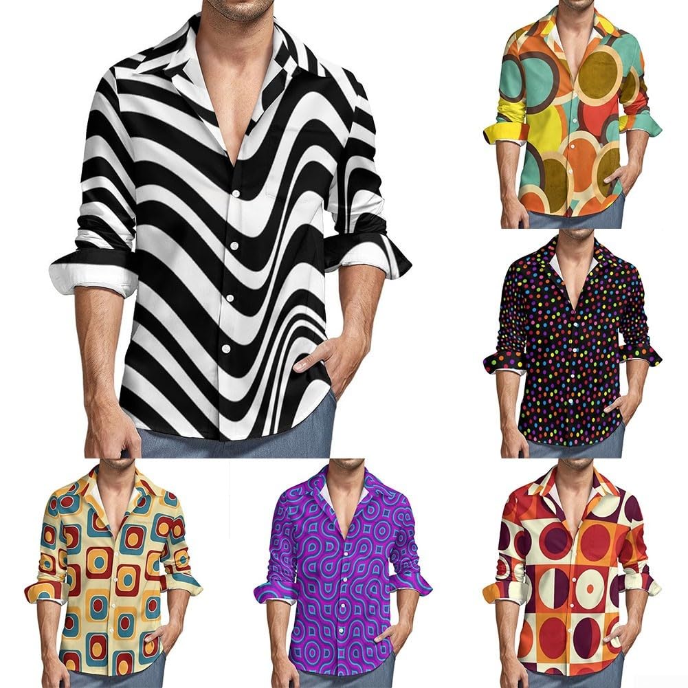 Camicia a maniche lunghe da uomo in stile vintage anni '70 con stampa 3D alla moda (M giallo)