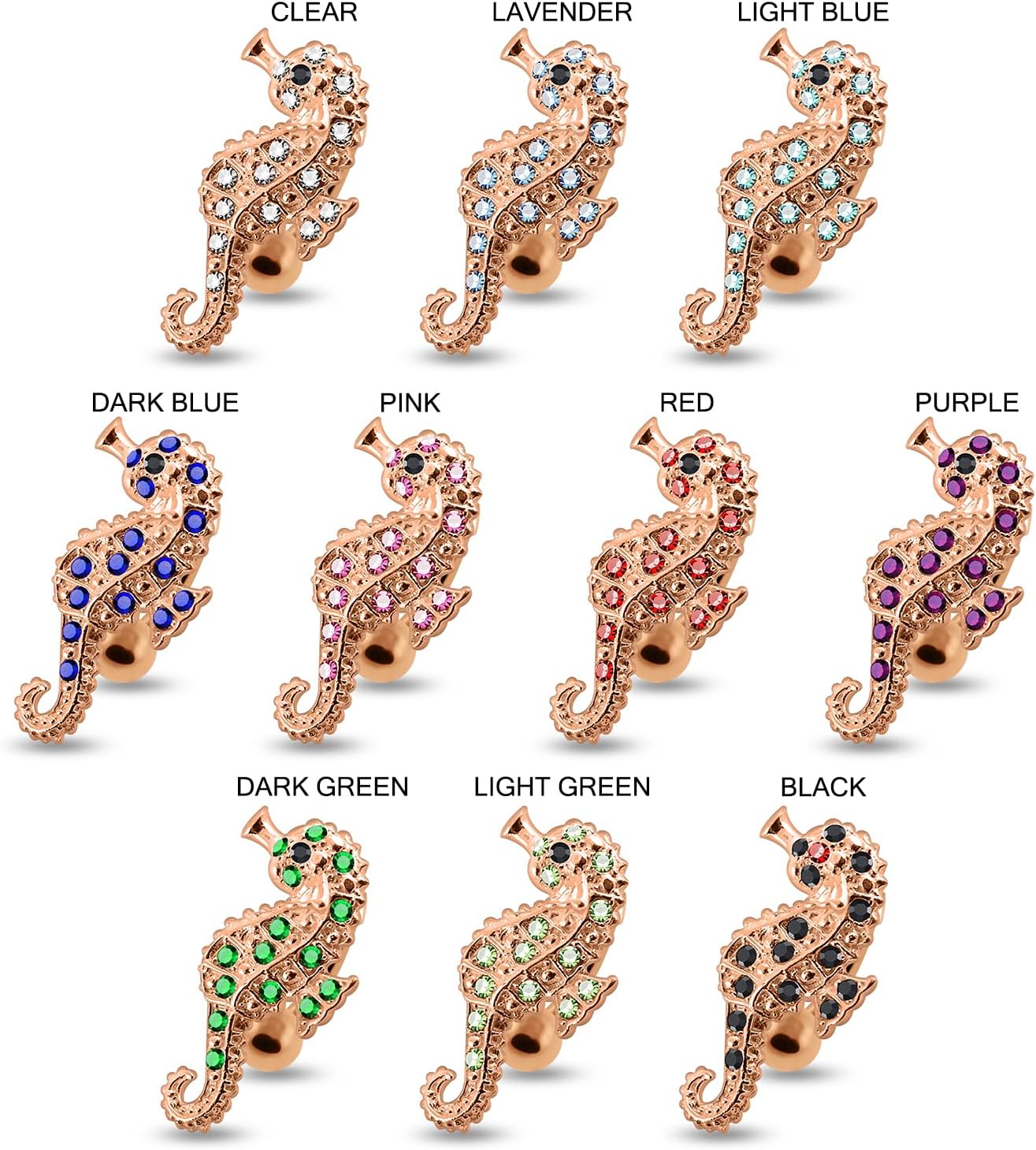 Rose Gold Plated Multi Crystal Gemstone Fancy Seahorse Reverse Bar Design 925 Sterling Silver with Stainless Steel Belly Ring - Belly Button jewelry - Navel jewelry