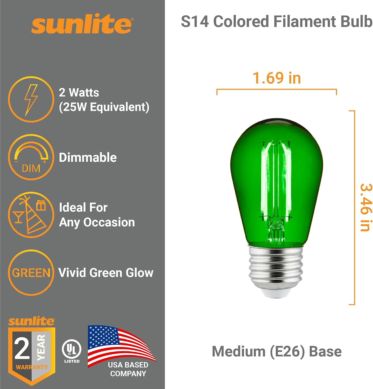 Sunlite LED S14 String Light Bulb, 2 Watts (25W Equivalent), Medium E26 Base, Party Decoration, Holiday Lighting, Transparent, Dimmable, UL Listed, Green, 6 Count image 2