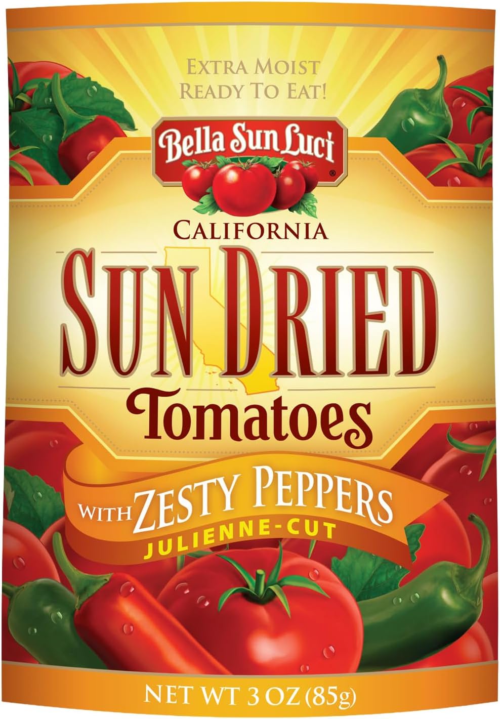 Sun Dried Tomatoes Julienne-Cut with Zesty Peppers, Gluten-Free, Vegan, California Grown, Mediterranean Style Sun-Ripened Tomatoes, Premium Ingredient for Pasta, Pizza (1 Pack)