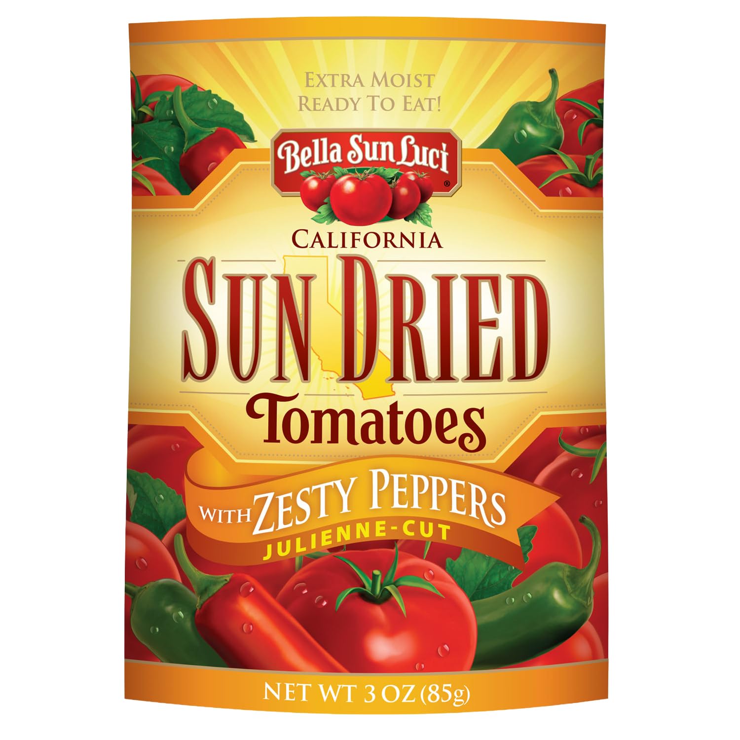 Sun Dried Tomatoes Julienne-Cut with Zesty Peppers, Gluten-Free, Vegan, California Grown, Mediterranean Style Sun-Ripened Tomatoes, Premium Ingredient for Pasta, Pizza (1 Pack)