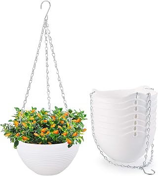 Foraineam 8 Pack White Hanging Planters ذاتية الخدمة حديقة داخلية خارجية زهور نباتات معاني مع مصفاة وسلسلة معلقة