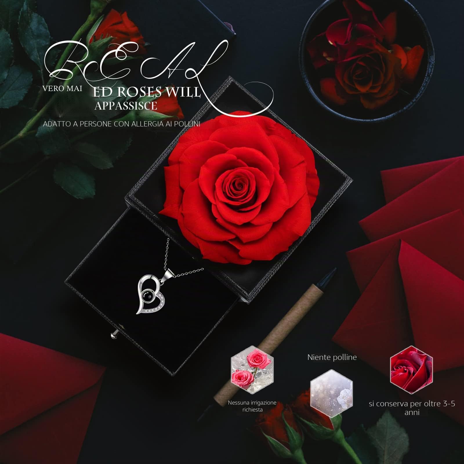 GOICC Rosa Eterna Collana Regalo per Lei I Love You Festa della Mamma San Valentino Compleanno Anniversario (Rosso)