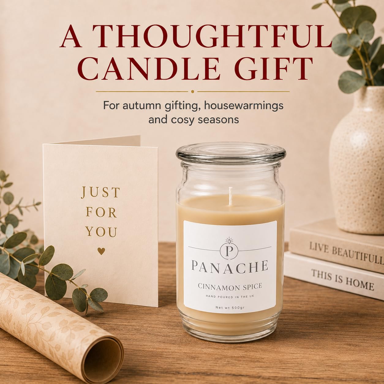 Panache Candela profumata alla cannella e spezie, barattolo di cera di soia da 500 g, combustione 60 ore, profumo classico speziato, ottimo regalo per donne, relax e decorazione