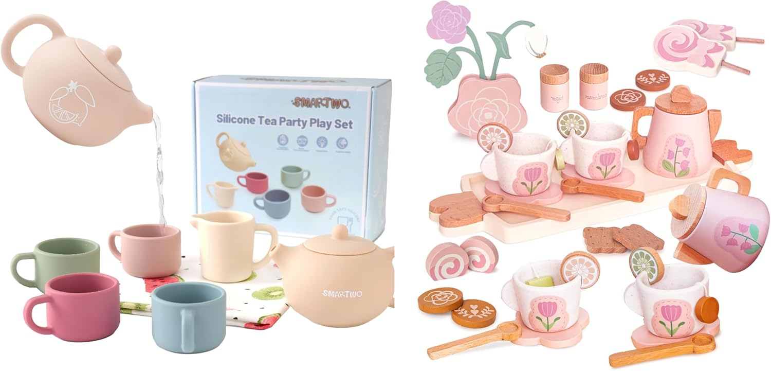 Wooden Pretend Play Tea Party Set Toy & Silicone Tea Set for Toddlers Aged 0+ Months
