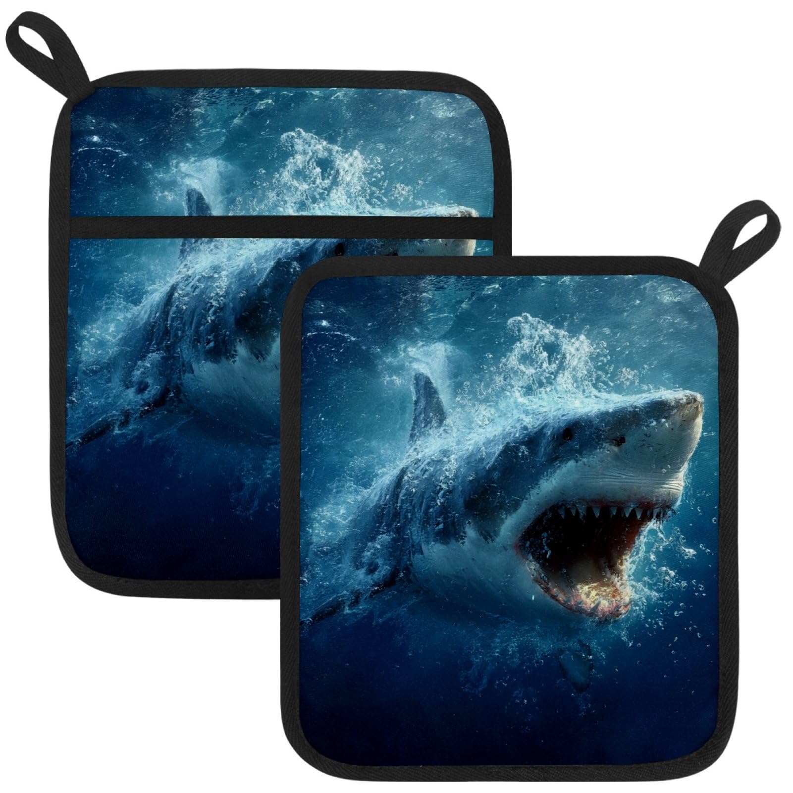 VAPOKF Funny Sharks Pot Holders with Pocket for Kitchen Heat Resistant Potholders Large Polyester-Cotton Square Oven Mitts Set