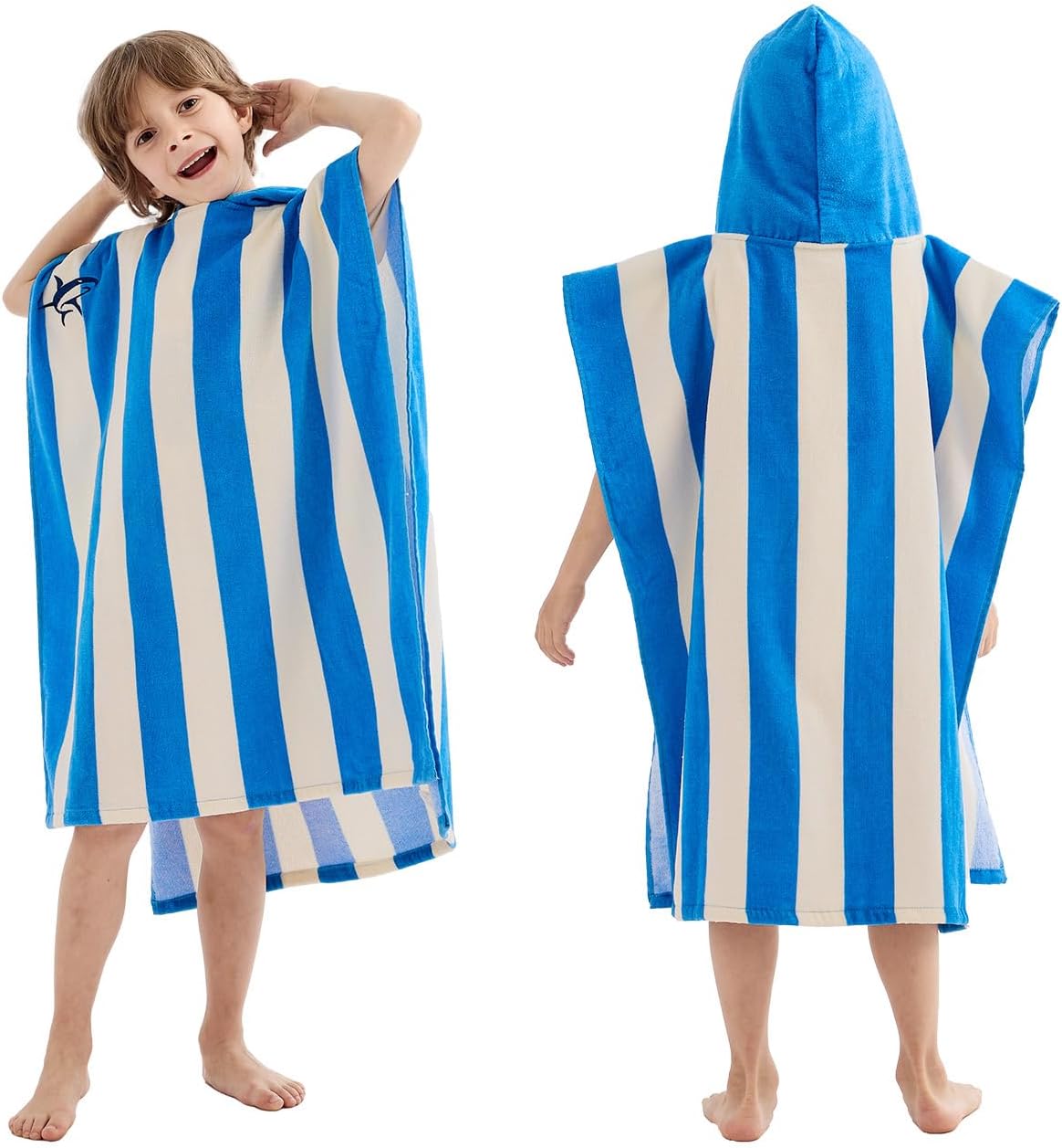 Striped Bath Beach Poncho Towel with Hood for Kids Boys and Girls for Shower, Pool, Swim,Beach, Super Soft 100% Cotton Towel (Blue)