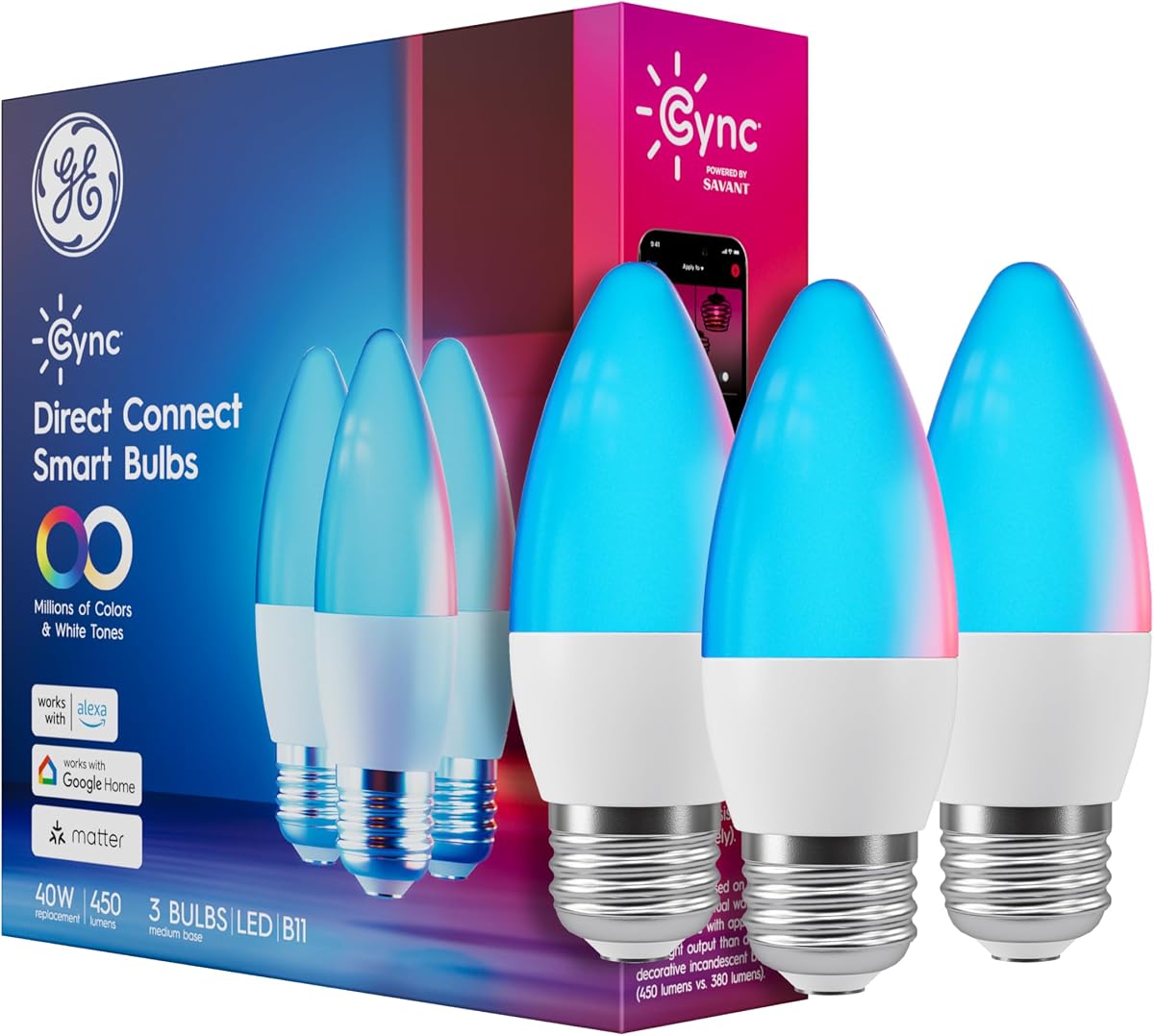 GE Smart Color Changing LED Bulbs, WiFi, Matter, A19, 3 Pack | Color changing smart bulbs, Alexa & Google Home compatible, Matter certified, indoor WiFi, medium base, 3 pack