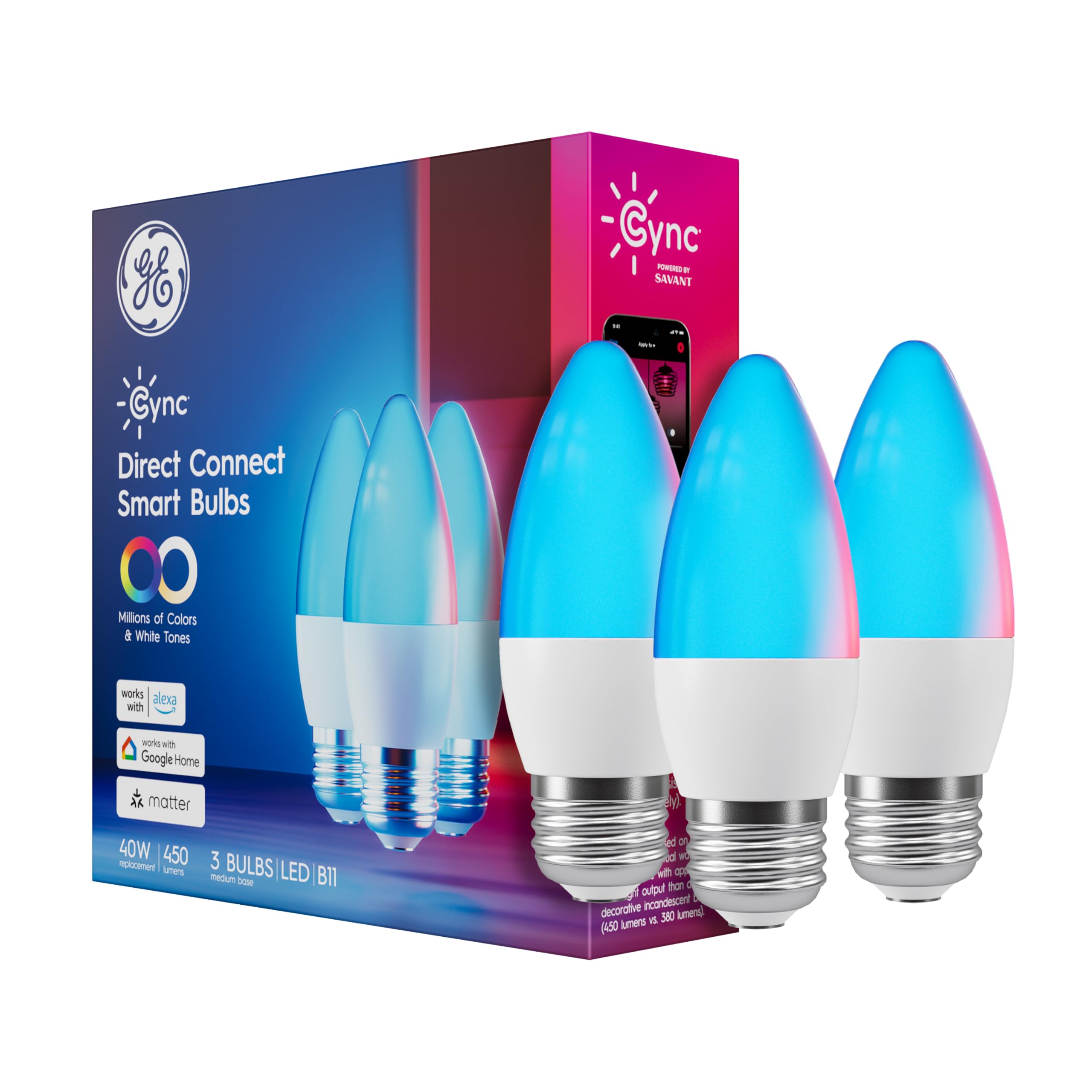 ge cync smart led light bulbs, color changing decorative light bulbs, indoor wifi lights, matter compatible, compatible with alexa and google home, medium base (3 pack)