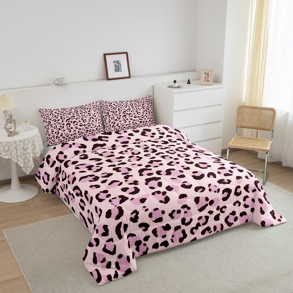 Feelyou Pink Leopard Print Comforter Set Full Size Kids Cheetah Bedding Set for Boys Girls Teens Animal Print Comforter Breathable Safari Duvet Set Room Decor Quilt Set