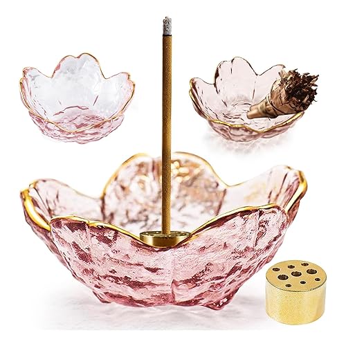 ziyue Incense Holder for Sticks and Backflow Incense, Handmade Glass Cherry Blossom Incenses Stick Holder with 9 Incenses Holes Incenses Burner Ash Catcher Ideal for Incense Burning, Home & SPA Decor