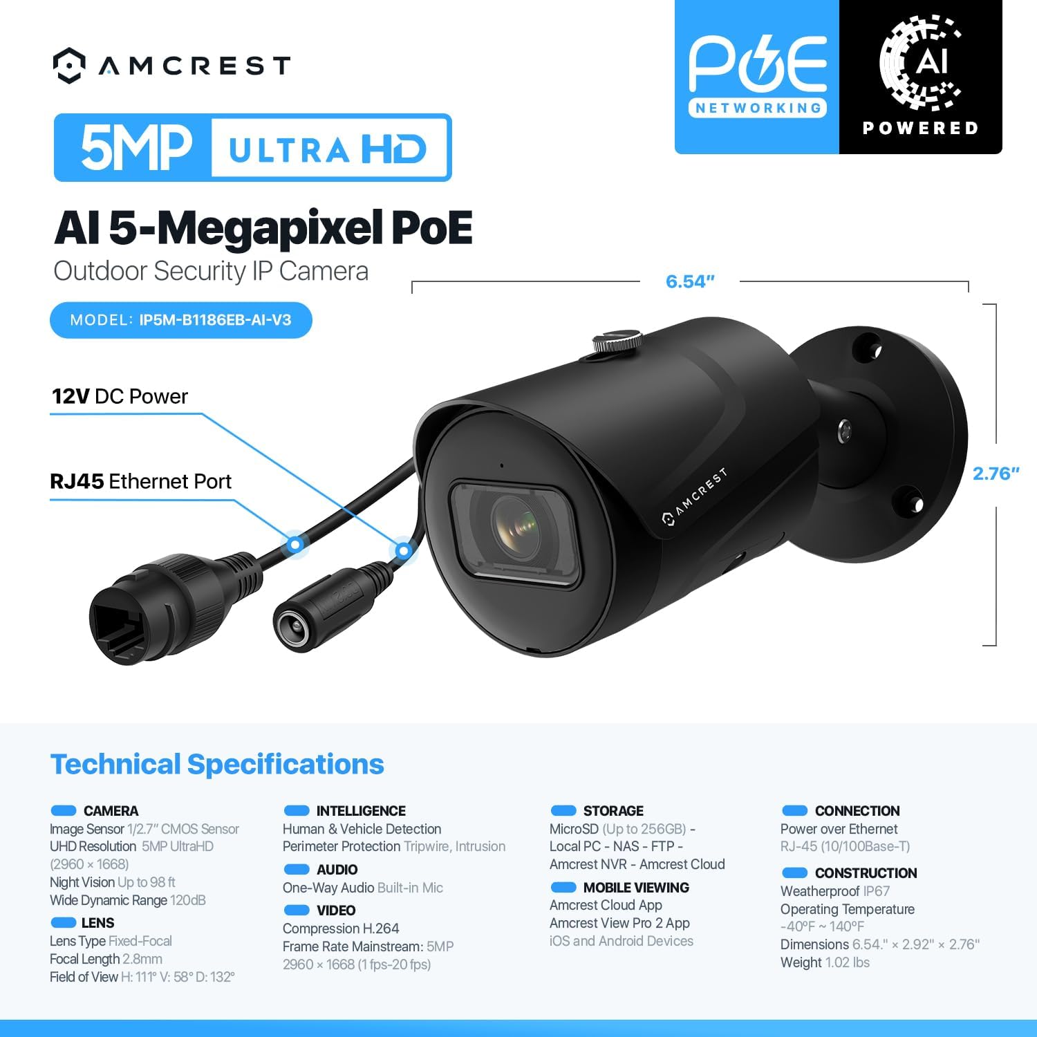 Amcrest 5MP Outdoor POE Camera 2592 x 1944p Bullet IP Security Camera, IP67, 132° Viewing Angle, Human Vehicle Detection, Tripwire Intrusion, 5-Megapixel, IP5M-B1186EW-AI-V3 (White) Amcrest 5MP Outdoor POE Camera 2592 x 1944p Bullet IP Security Camera, IP67, 132° Viewing Angle, Human Vehicle Detection, Tripwire Intrusion, 5-Megapixel, IP5M-B1186EW-AI-V3 (White)
