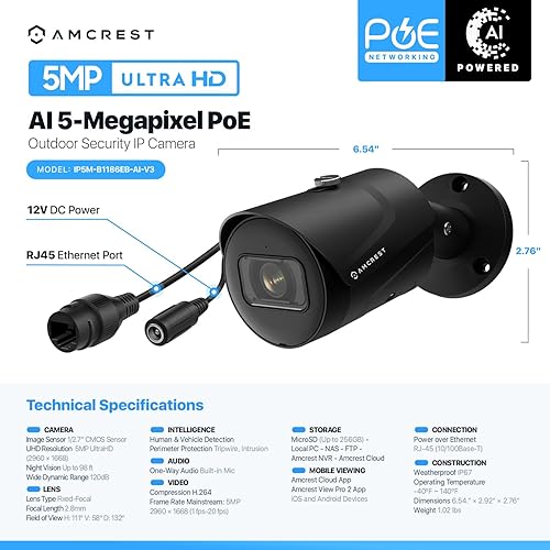 Miniatura 7 de Amcrest Cámara POE de 5MP para exteriores 2592 x 1944p, cámara de seguridad IP bala, IP67, ángulo de visión de 132, detección de humanos y