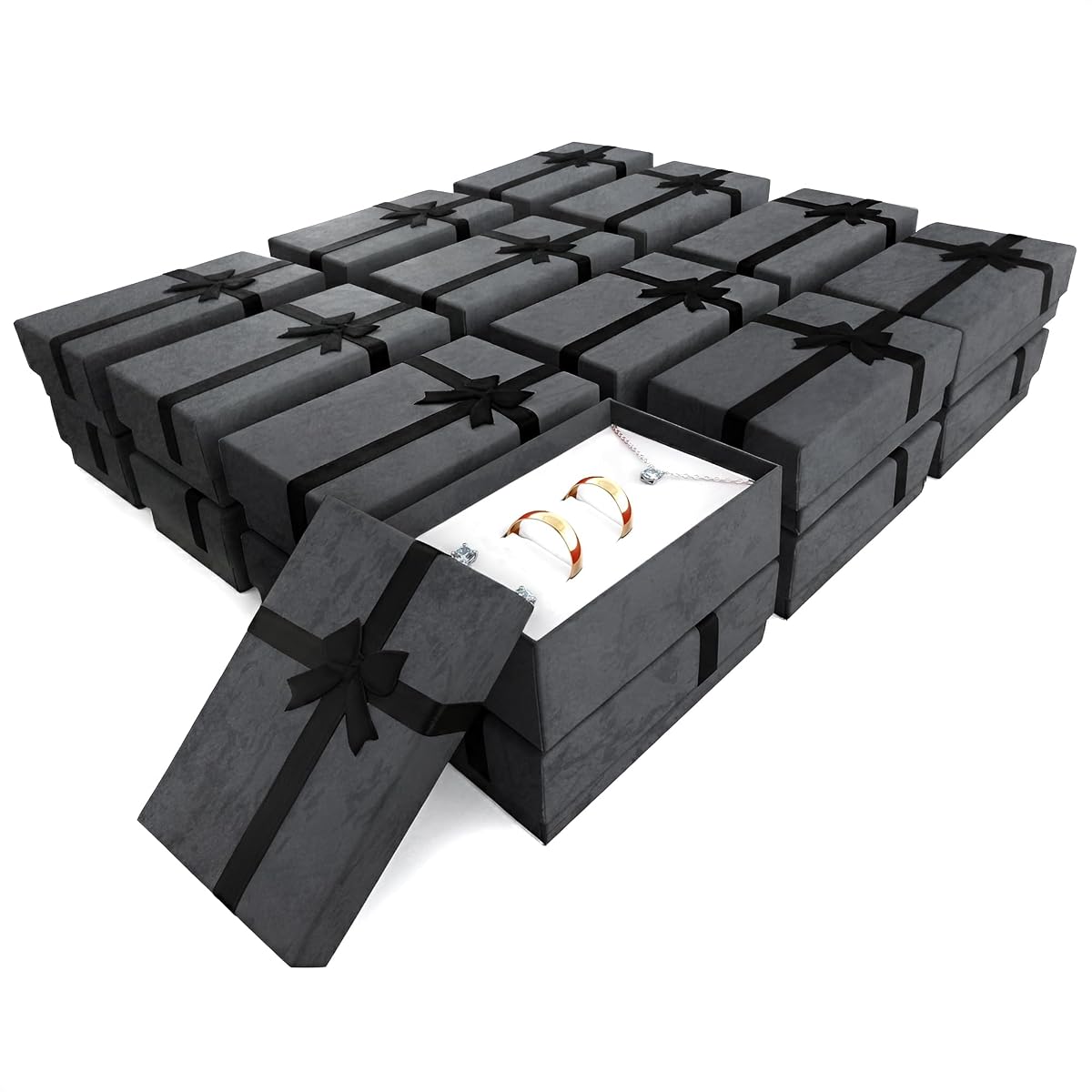 KETAR Paquete de 24 Cajas de Cartón para Collares con Lazo, con Inserto de Espuma, Negro | Joyeros de cartón, 2.93" x 1.77" x 0.48", para pulseras, aretes y collares, cajas de cumpleaños y obsequios de boda