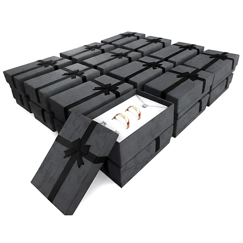 KETAR Paquete de 24 Cajas de Cartón para Collares con Lazo, con Inserto de Espuma, Negro | Joyeros de cartón, 2.93" x 1.77" x 0.48", para pulseras, aretes y collares, cajas de cumpleaños y obsequios de boda