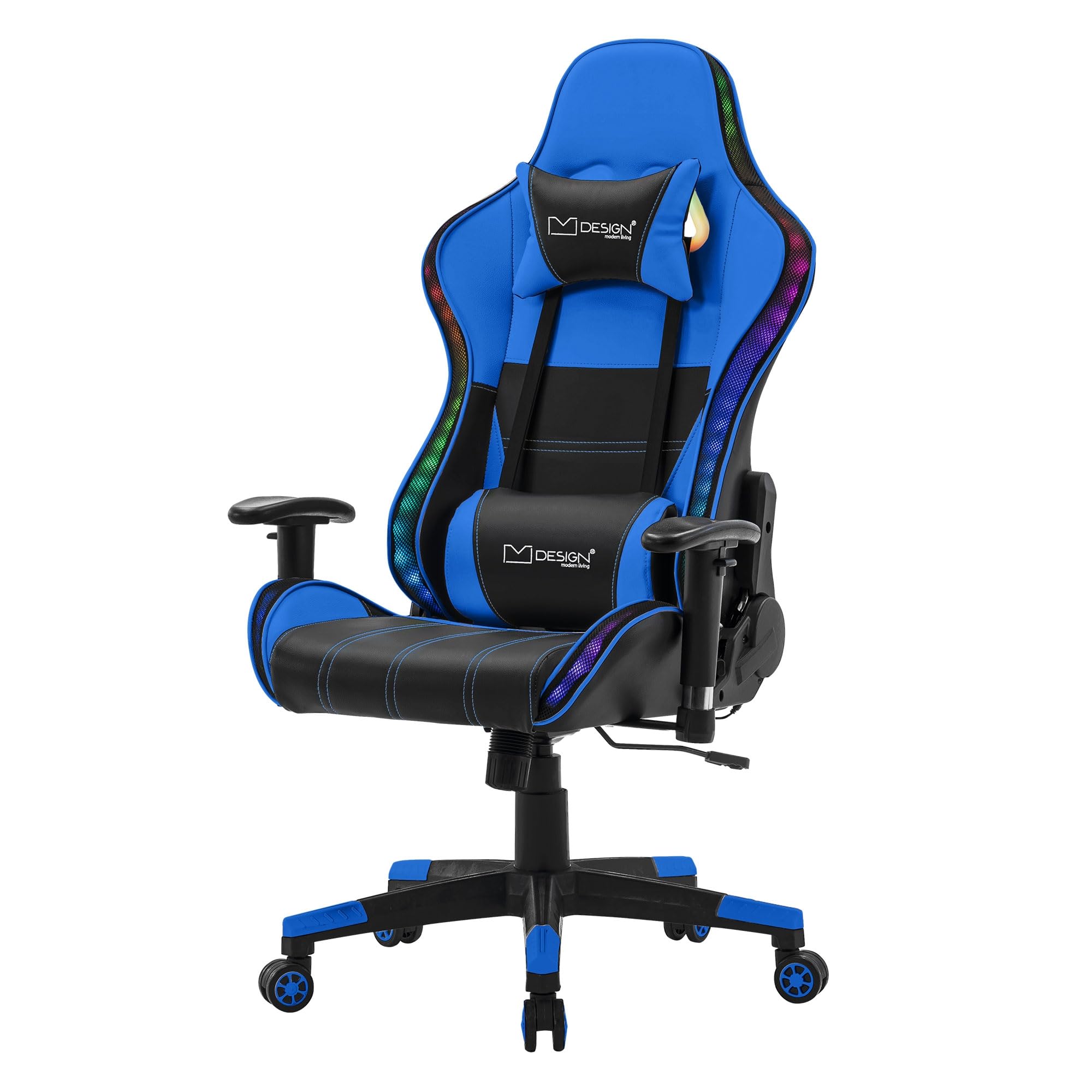 ML-Design Sedia da Gaming Illuminazione LED RGB e Altoparlanti Bluetooth e Cuscino Lombare Ecopelle Blu Poltrona Ufficio Ergonomica Confortevole Braccioli Poggiatesta Altezza Regolabile Reclinabile