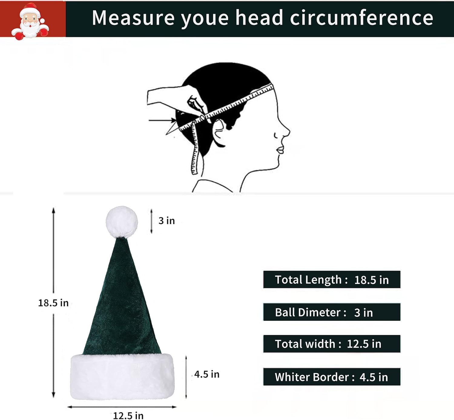 Santa Hat, Santa Hat for Adults, Unisex Velvet Comfort Green Christmas Hats Extra Thicken Classic Plush for Christmas New Year Festive Holiday Party Supplies - Image 2