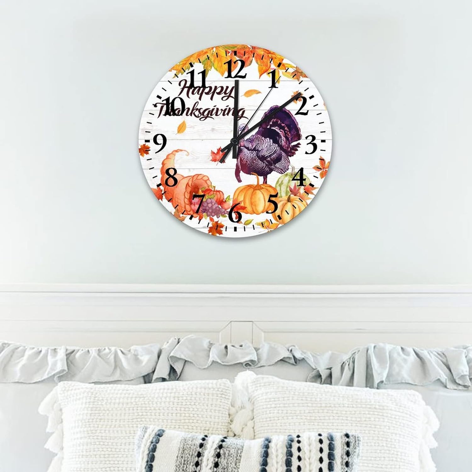 15 Inch Happy Thanksgiving Day Funny Turkey with Pumpkins Maple Leaves Wood Wall Clock Silent Non Ticking Welcome Halloween Thanksgiving Office Decor for Men Round Clock for Living Room Office