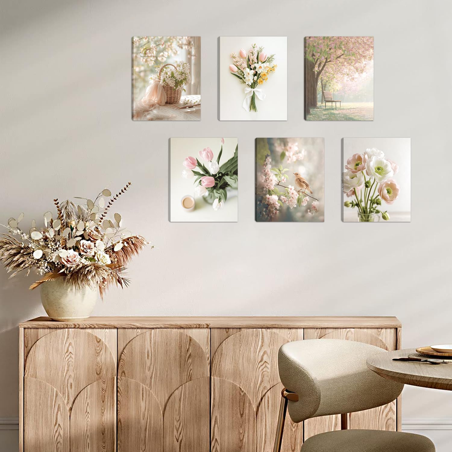 HOURIA 6Pcs Spring Flower Canvas Wall Art Set(8”x10”),Pink Green White Floral Botanical Wall Decor,Spring Nature Landscape Tulip Flowers Daisy Sparrow Art Prints for Farmhouse Living Room Bedroom Home