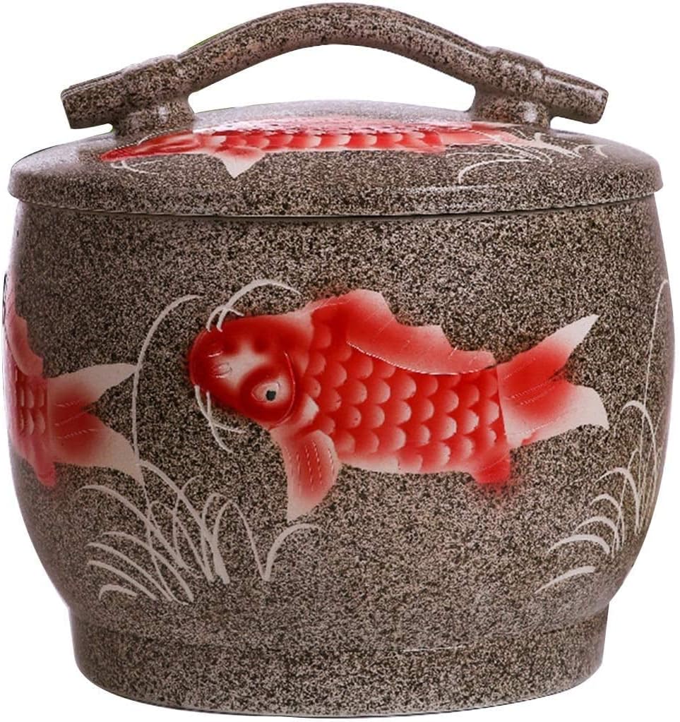 Food Storage Containe Rice Storage Containe Ceramic Rice Storage Tank Has A Gradient Goldfish Pattern Sealed Flour Bucket with Lid and Handle Hand Painted Lotus Decoration (Fishes 10KG)