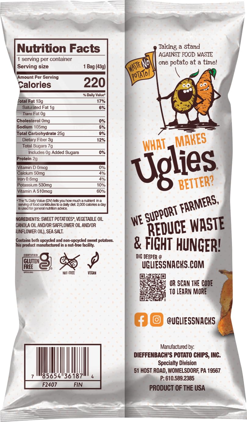 UGLIES Sweet Potato Kettle-Cooked Potato Chips, Gluten-Free Snacks, Kosher-Friendly Chips, Non-GMO Snacks for Kids or Office, Lunch Snacks, Sweet Potato Chips, 1.5 Oz. Bags, Pack of 24