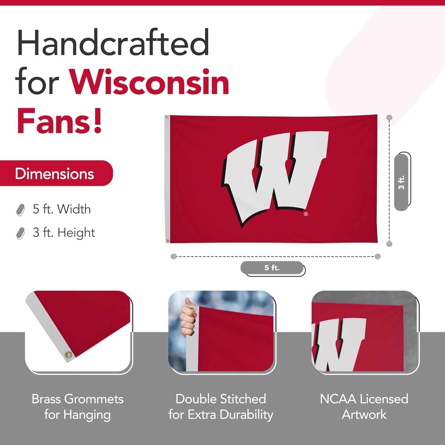 Wisconsin Badgers College Sports Printed Flag - NCAA Licensed - Nylon - School Banner (Red, White) (3' x 5') - Image 2