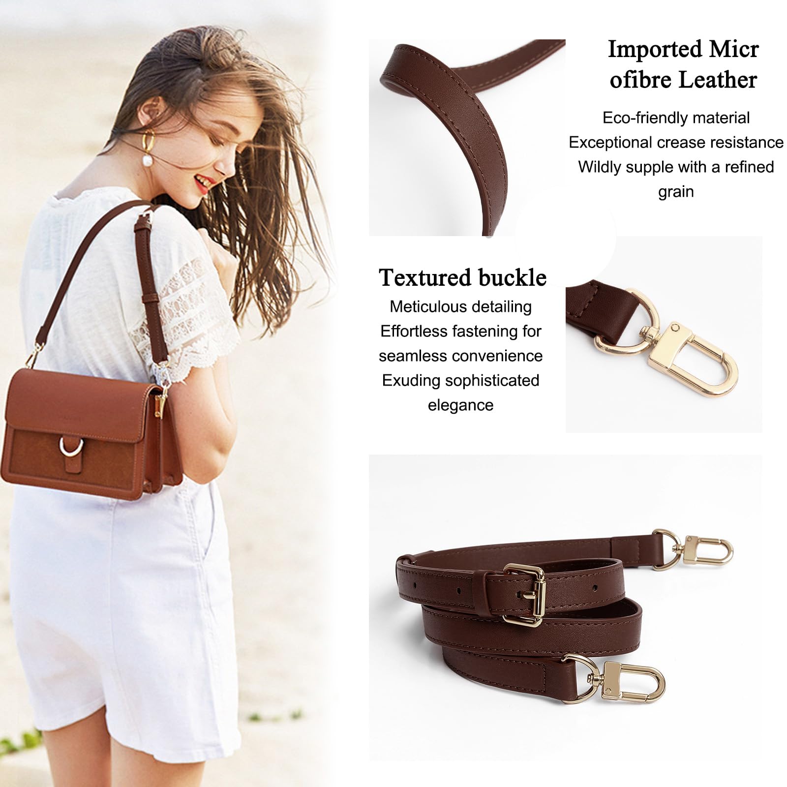 Regulowany pasek do torby na ramię ciemnobrązowy 95-123 cm, pasek PU z klamrą ze stopu cynku, uniwersalne paski zastępcze dla kobiet Crossbody portmonetka na aparat akcesoria