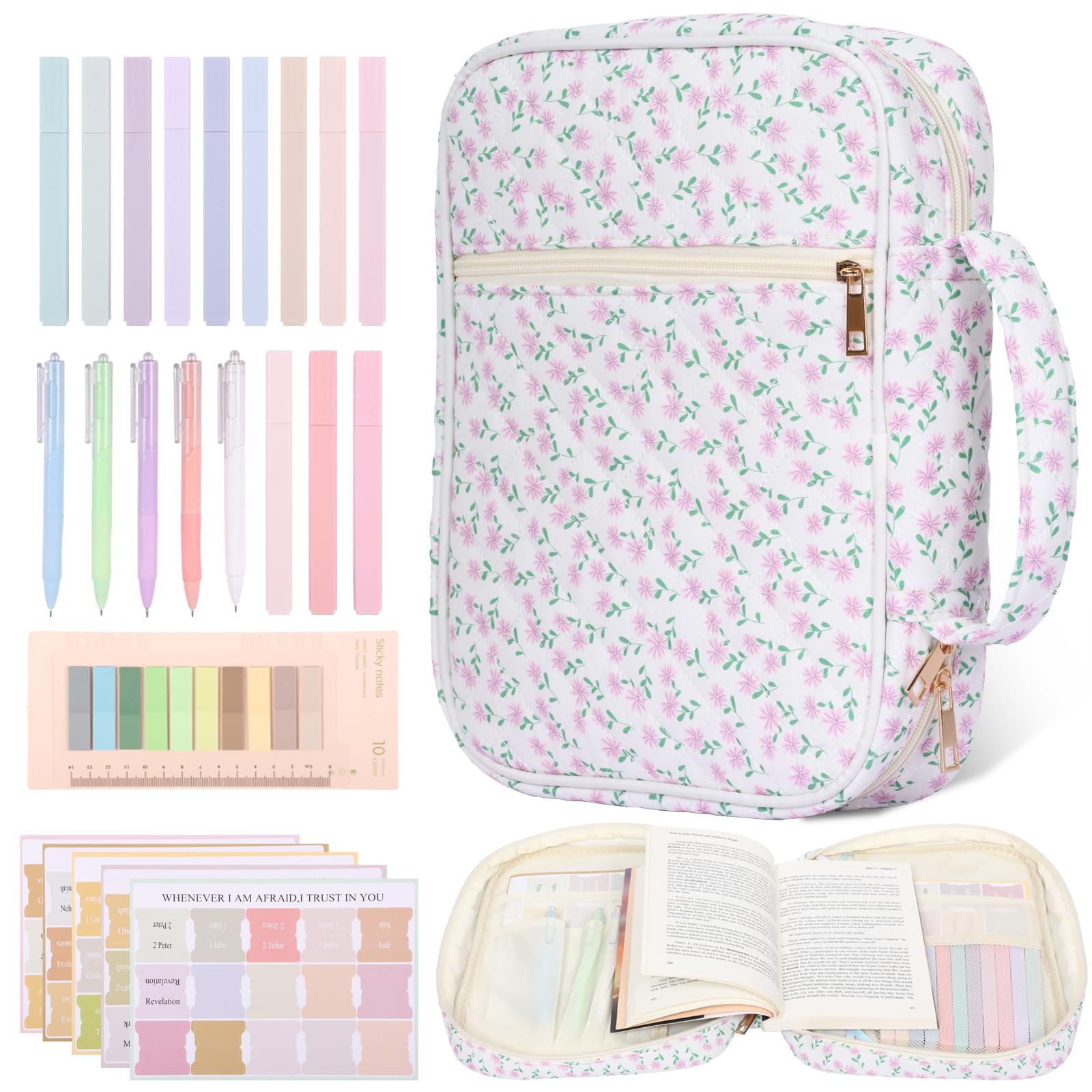 Bible Study Supplies with Bible Case, 12 Colored Highlighters, 5 Ballpoint Pens, 75 Bookmarks, 200 Labels, Large Capacity Book Carrying Cover Case for Women Christian Gifts(Pink Small Floral Pattern) — image 1