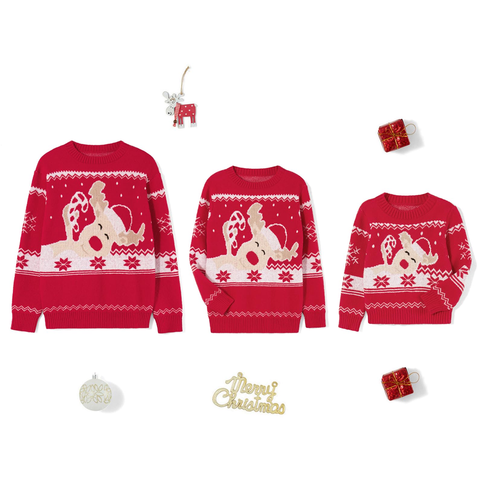 Maglione natalizio abbinato con renna e fiocchi di neve con stampa brutto maglione a maniche lunghe