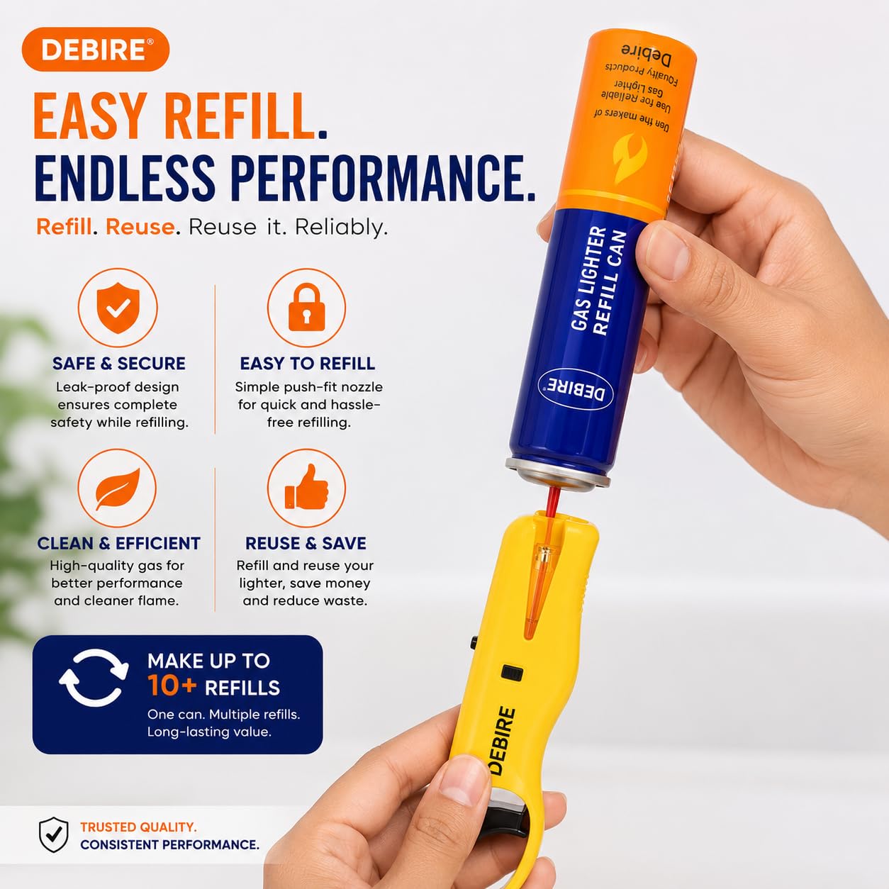 DEBIRE Aluminum Lighter Gas Refiller Can - 100ML Essential Butane Lighter Refill - Safe & Secured Gas Refilling - Multicolored (Orange/Blue) - Pack of 1 3