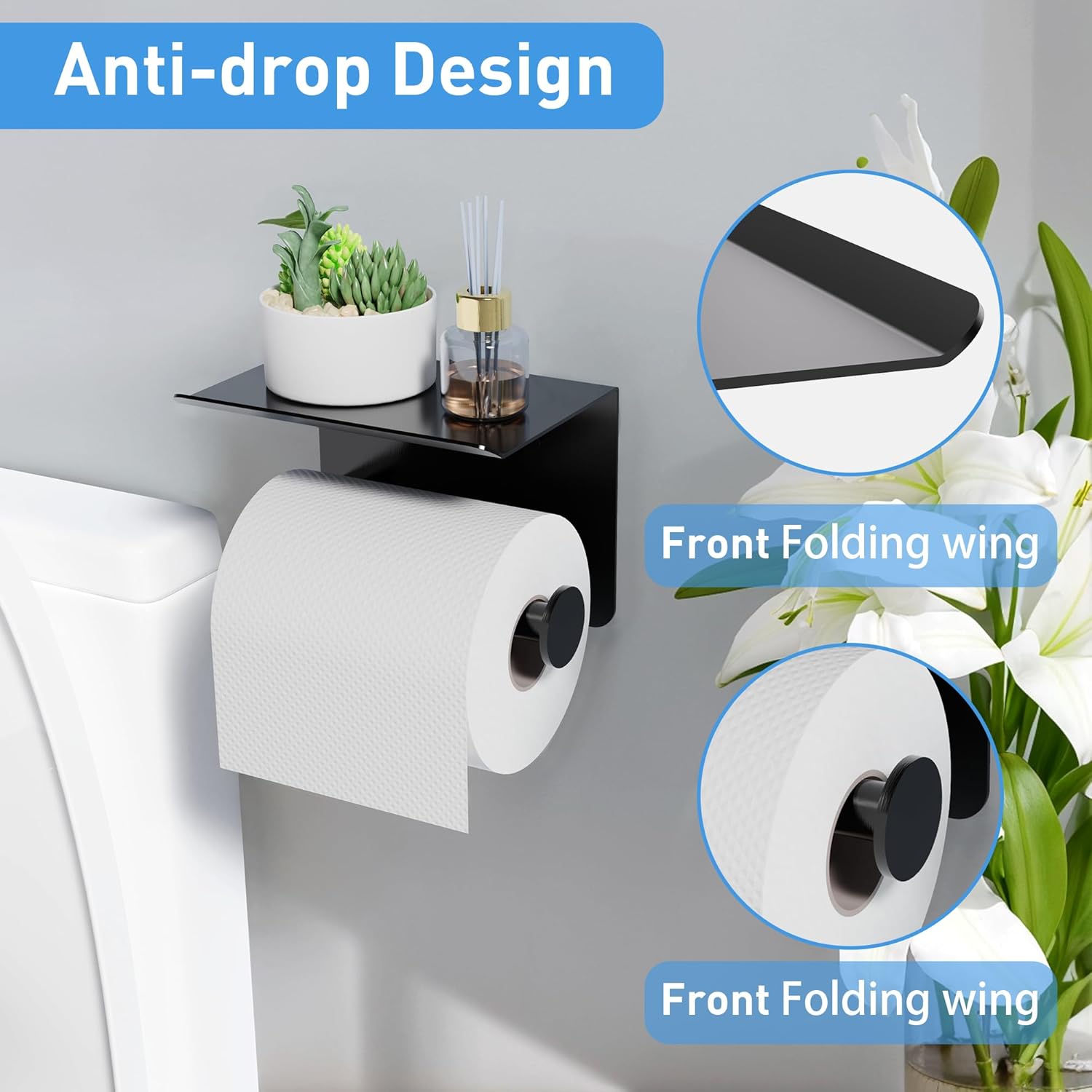 Self Adhesive Toilet Paper Holder with Phone Shelf Stainless Steel Wall Mounted Toilet Paper Roll Holder, Fits Mega Rolls Size Rustproof Stainless Steel Self Adhesive Toilet Paper Holder