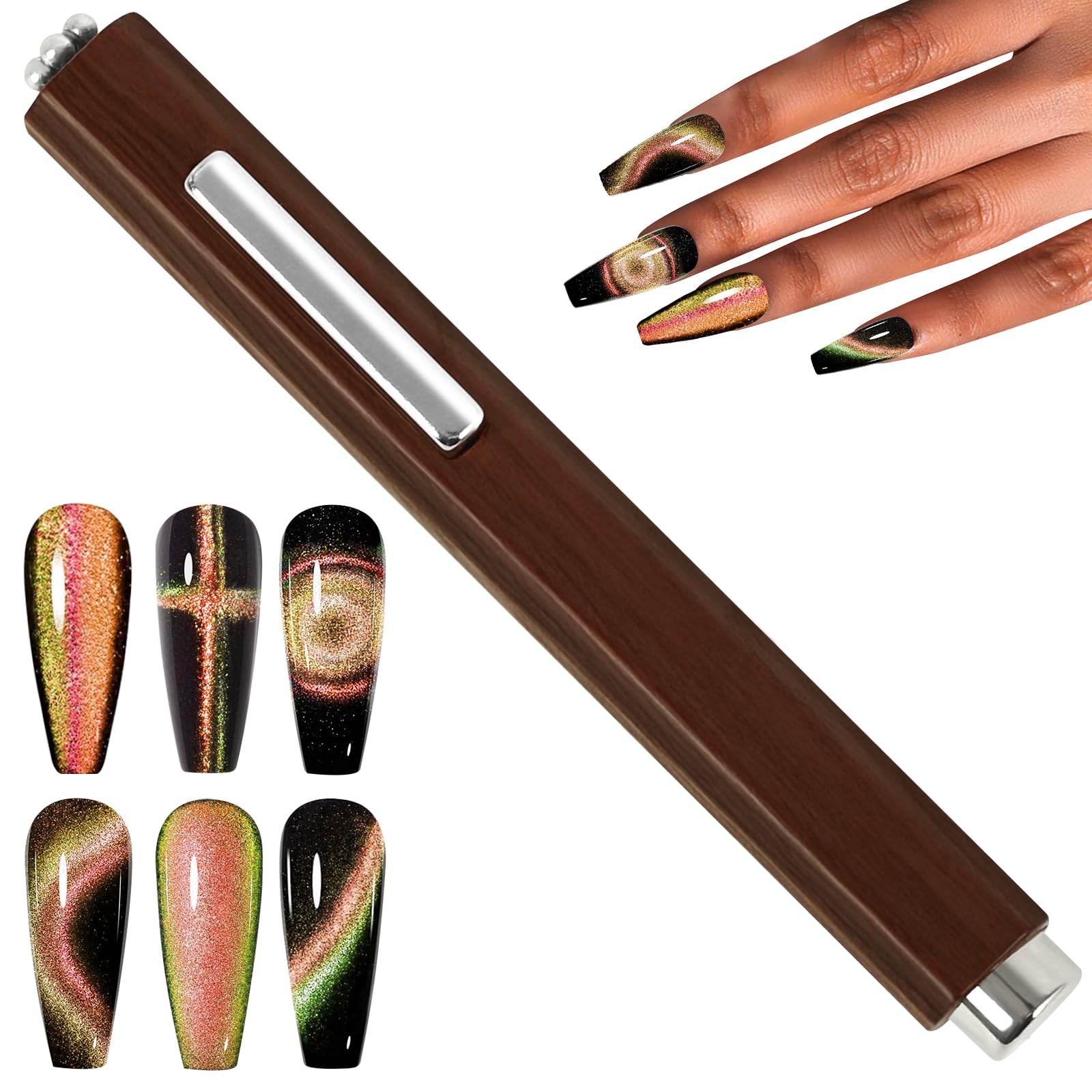 3 In 1 Nail Magnet, Multifunctional Cat Eye Gel Nail Polish Magnet with Octagonal Mahogany Shell Protective Cover for Cat Eye Nail Art Design (Black