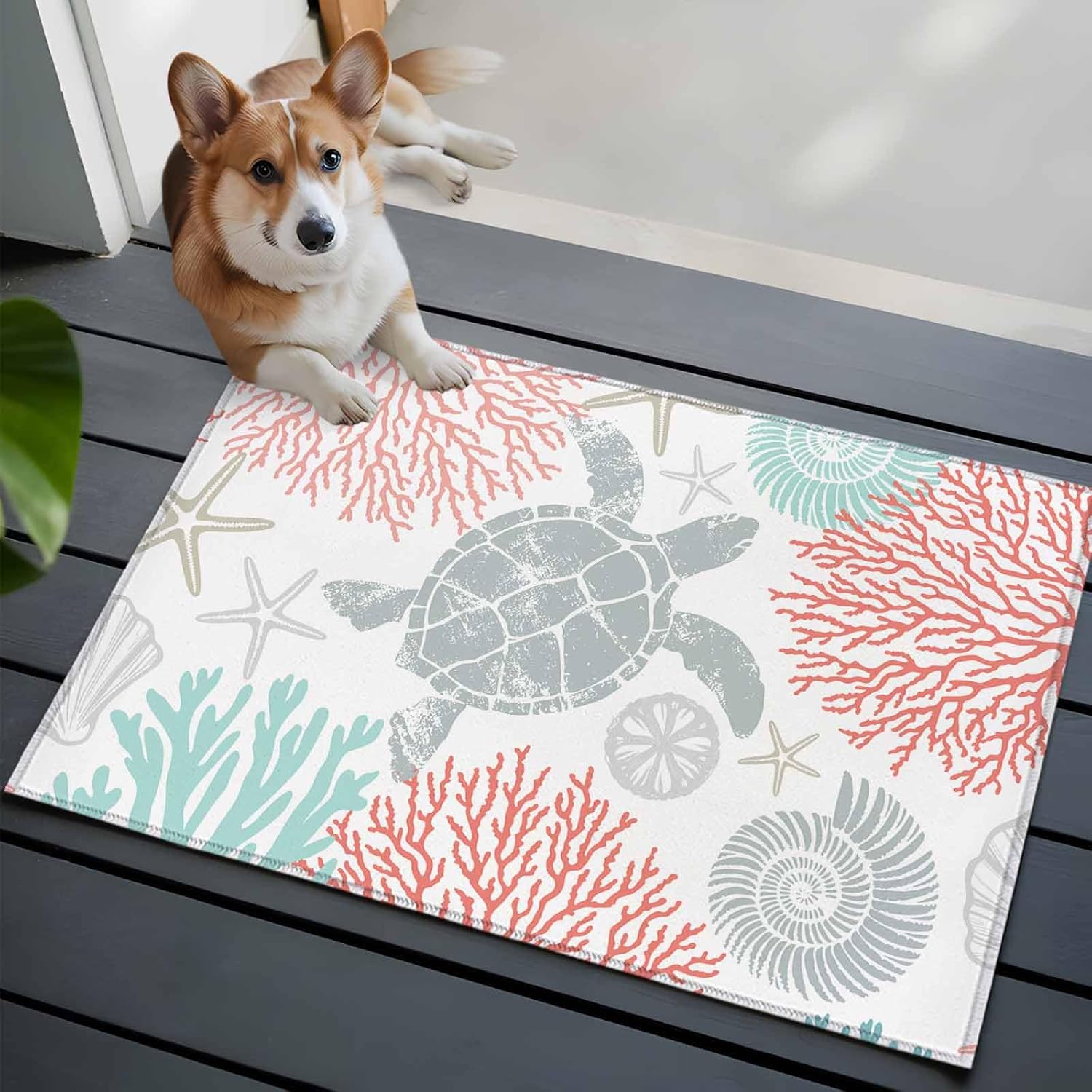 DecorLovee Entryway Rug 2'x3', Teal Red Coastal Turtle Small Rug for Kitchen Bathroom Door Mat Indoor Entrance, Ocean Coral Nautical Non-Slip Area Rugs Floor Mats Carpet Front Door Rugs