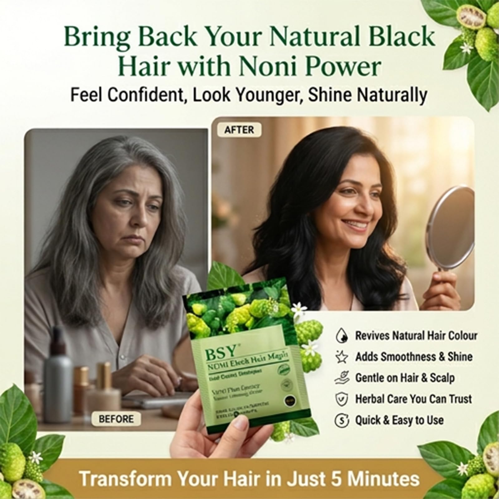 BSY Noni Black Hair Magic Shampoo, Noni Hair Color, Noni Hair Dye, Hair Dye, Hair Dye, szampon na bazie szamponu, farba do włosów, 10 minut, farba do włosów, bez amoniaku, 20 ml x 10