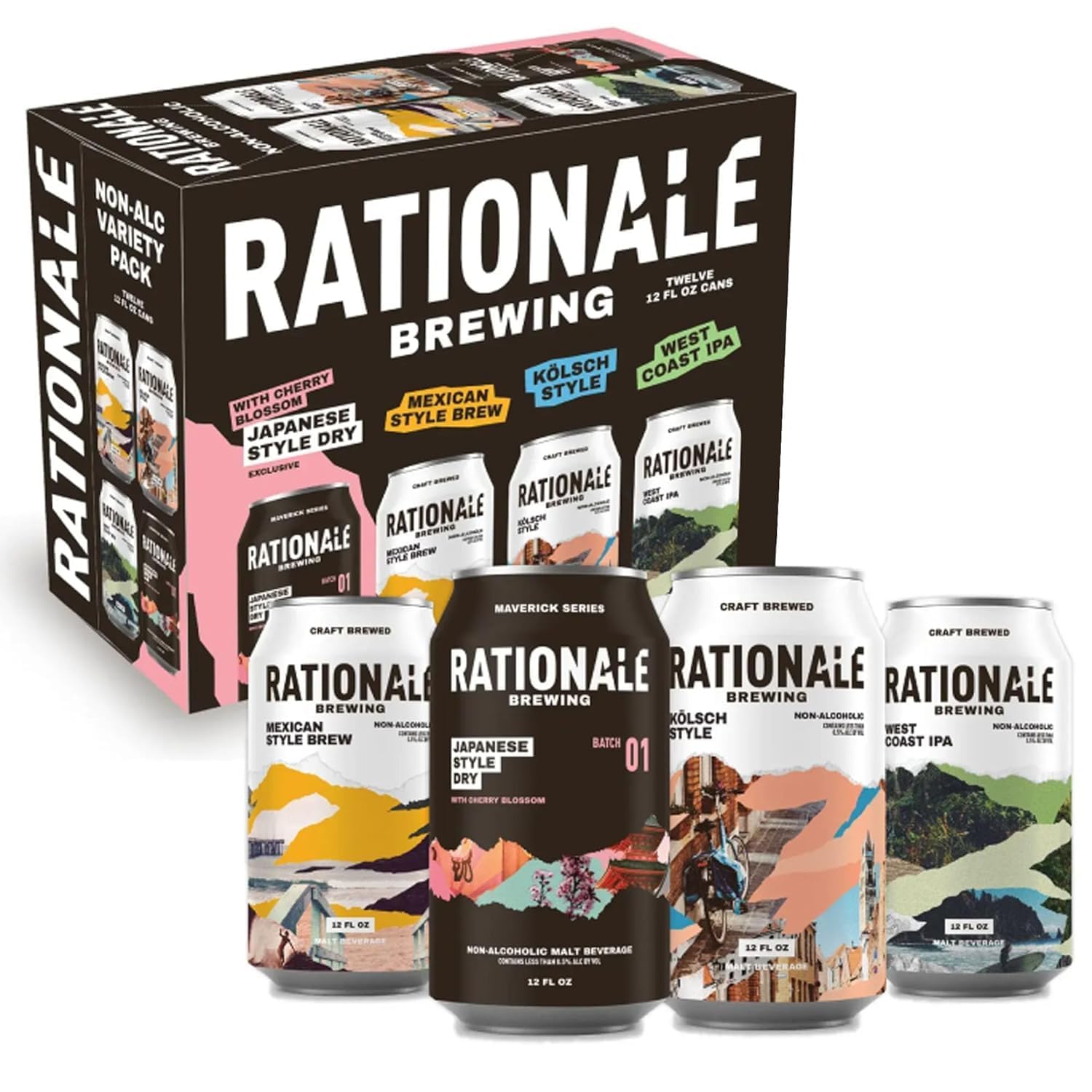 Rationale Brewing Non Alcoholic - Variety 12 Pack - Beer, Japanese, Mexican, Kolsch and West Coast IPA, Premium Craft NA Beer, Low Calorie Zero Alcohol Alternative, Award Winning, 12oz Cans