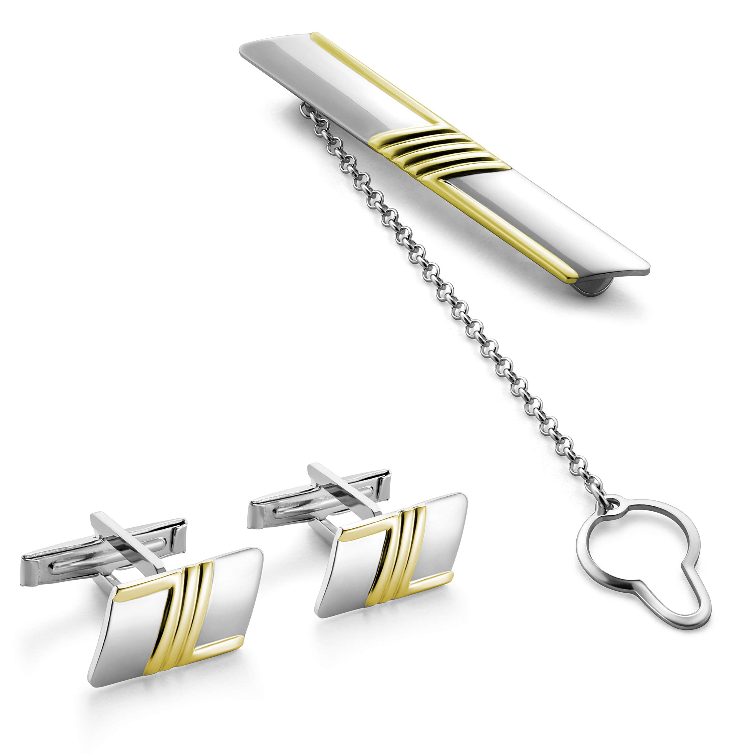Herren Manschettenknöpfe Und Krawattenklammer Set Aus Sterlingsilber 925 Mit Goldfarbenen Akzenten