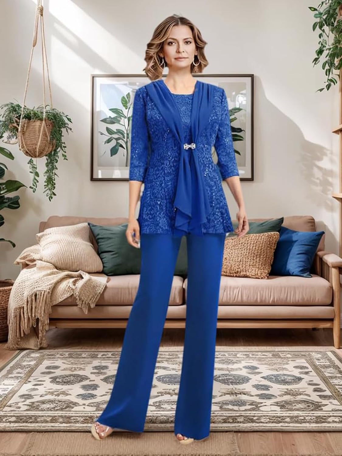 3 Piece Mother of the Bride Pant Suits Chiffon Applique Grandmother of the Bride Pantsuits for Wedding with Jacket