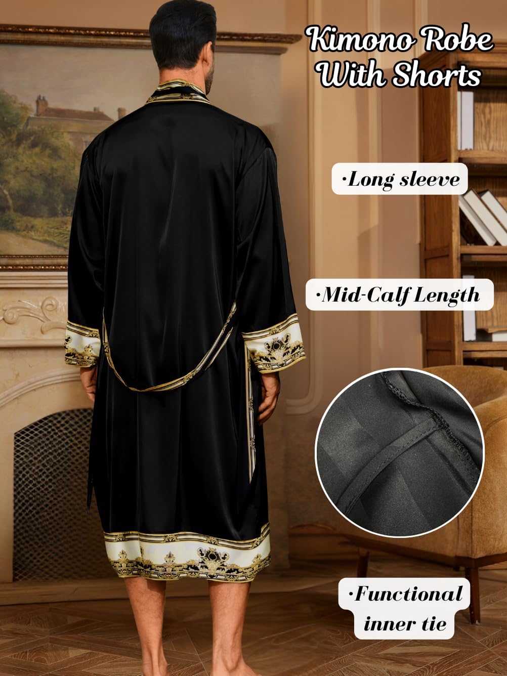 Men's Luxury Silky Robe & Shorts Set, 2PC Lightweight Satin Pajamas with Pockets, Opulent Baroque Kimono Gifts - Image 3