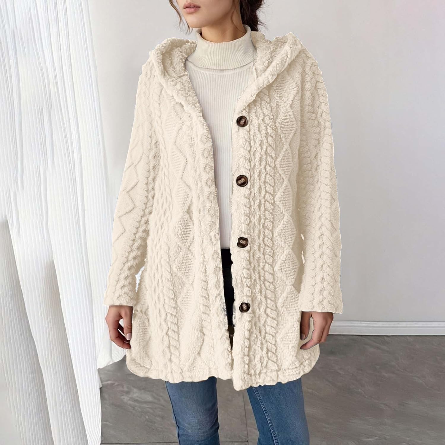 Fleece Jacket Women Casual Button Up Fuzzy Hooded Long Sleeve Cardigan Sweaters Warm Sherpa Lined Coat Outerwear - Image 2